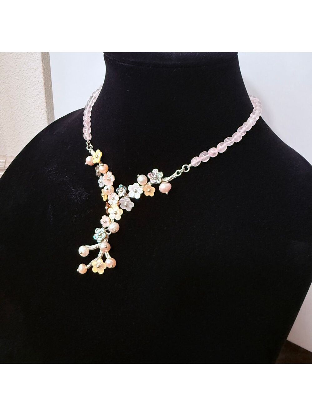 Whitney Kelly Rose Quartz MOP Pearl Mosaic Flower Sterling Silver 925 Necklace - Picture 3 of 12